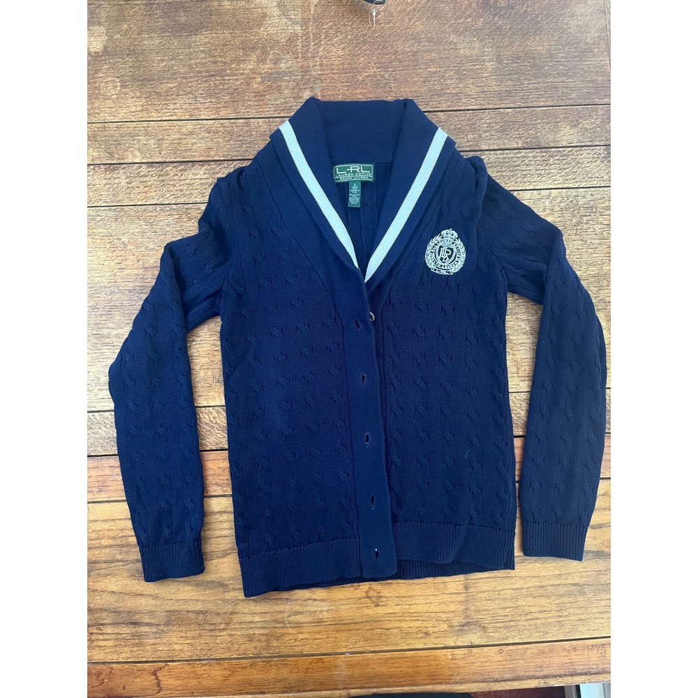 Lauren Active Ralph Lauren 100% cotton navy blue cardigan S cable-knit golf prep